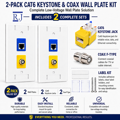 RJ45 Keystone Jack + Coax Wall Plate Bundle - Cat6 Yellow Ethernet + F-Type | RJ-EC-31