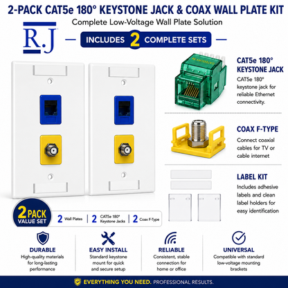 RJ45 Keystone Jack + Coax Wall Plate Bundle - Cat5e 180° Green Ethernet + F-Type | RJ-EC-10