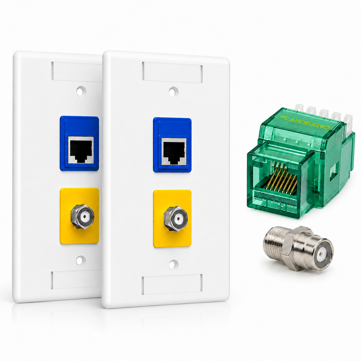 RJ45 Keystone Jack + Coax Wall Plate Bundle - Cat5e 180° Green Ethernet + F-Type | RJ-EC-10