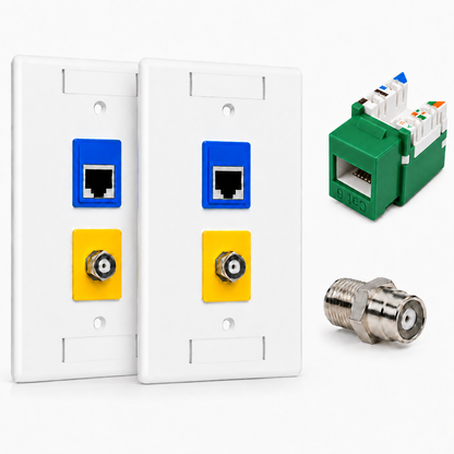 RJ45 Keystone Jack + Coax Wall Plate Bundle - Cat6 Green Ethernet + F-Type | RJ-EC-26