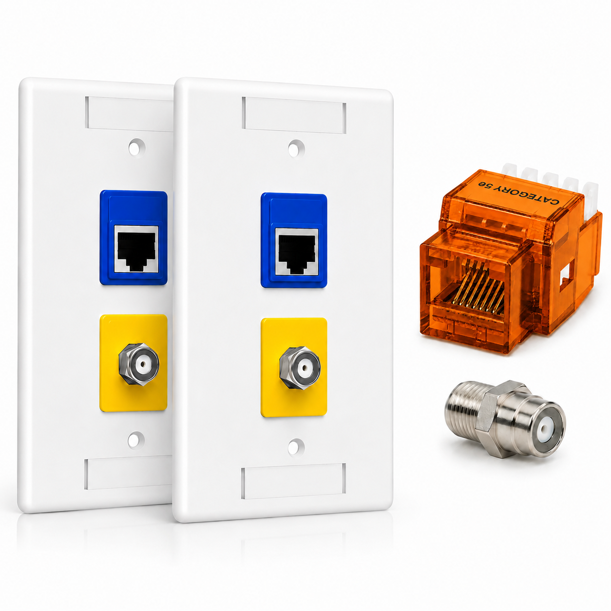 RJ45 Keystone Jack + Coax Wall Plate Bundle - Cat5e 180° Orange Ethernet + F-Type | RJ-EC-11