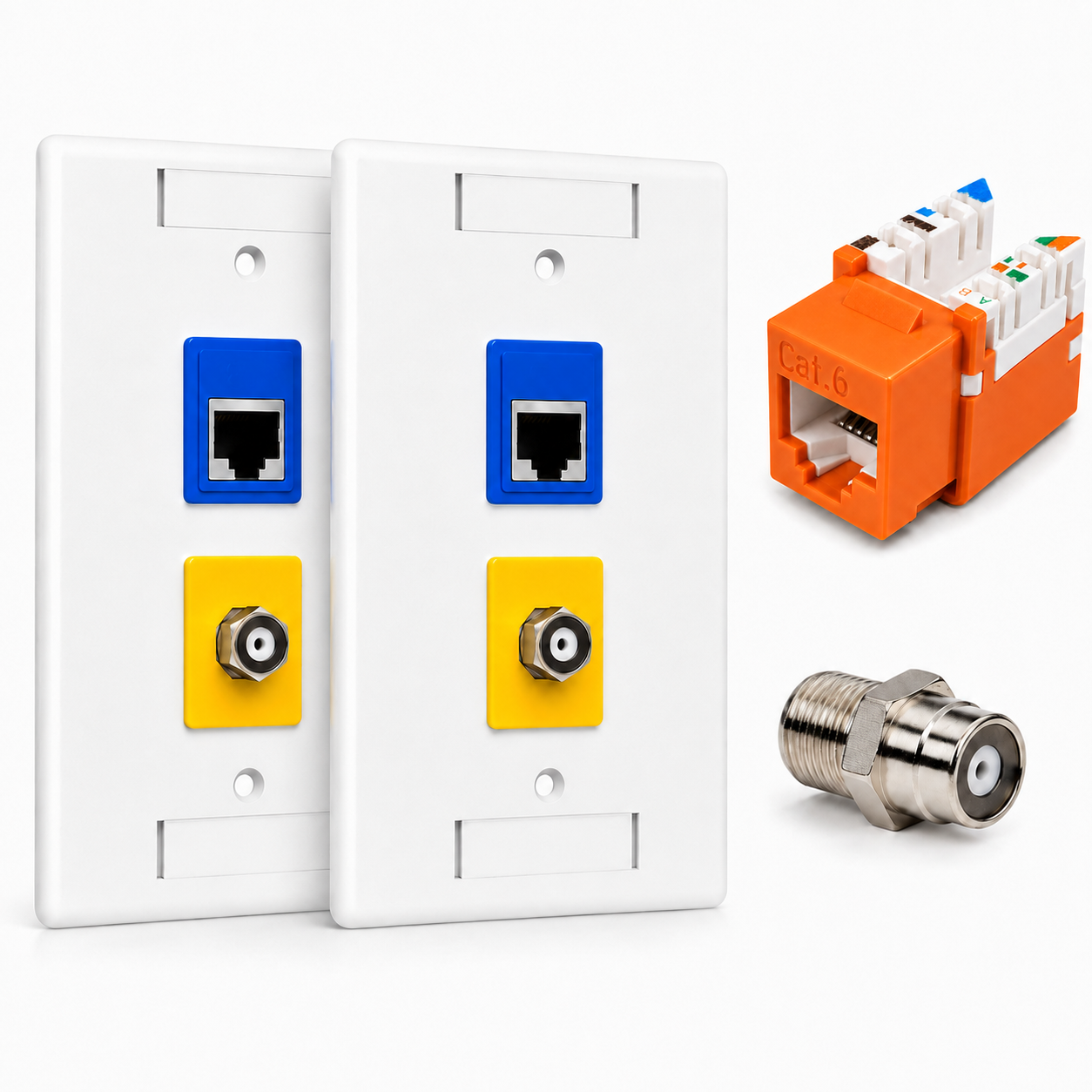 RJ45 Keystone Jack + Coax Wall Plate Bundle - Cat6 Orange Ethernet + F-Type | RJ-EC-25