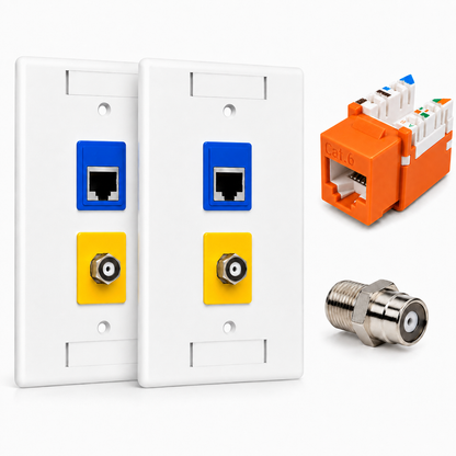 RJ45 Keystone Jack + Coax Wall Plate Bundle - Cat6 Orange Ethernet + F-Type | RJ-EC-25