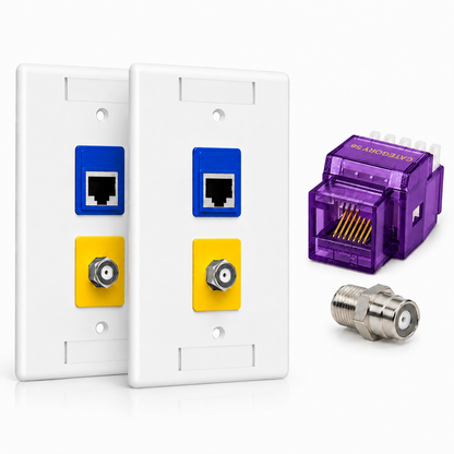 RJ45 Keystone Jack + Coax Wall Plate Bundle - Cat5e 180° Violet Ethernet + F-Type | RJ-EC-13