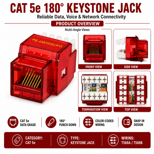 R.J. Enterprises - Cat5e Keystone Jack, 180-degree, Red (25 Pcs)