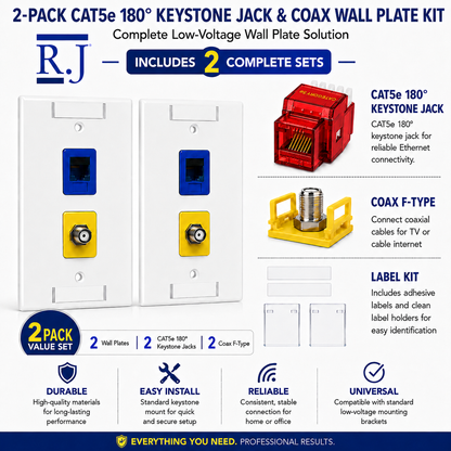 RJ45 Keystone Jack + Coax Wall Plate Bundle - Cat5e 180° Red Ethernet + F-Type | RJ-EC-12