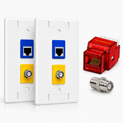 RJ45 Keystone Jack + Coax Wall Plate Bundle - Cat5e 180° Red Ethernet + F-Type | RJ-EC-12