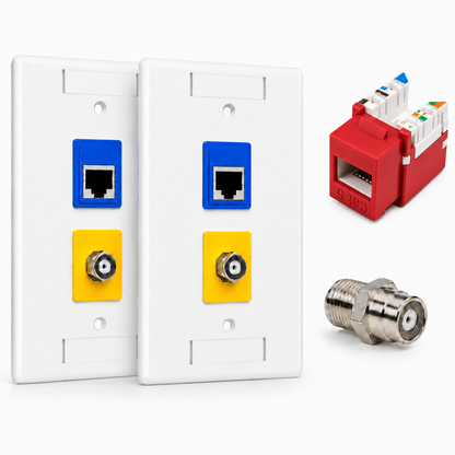 RJ45 Keystone Jack + Coax Wall Plate Bundle - Cat6 Red Ethernet + F-Type | RJ-EC-29