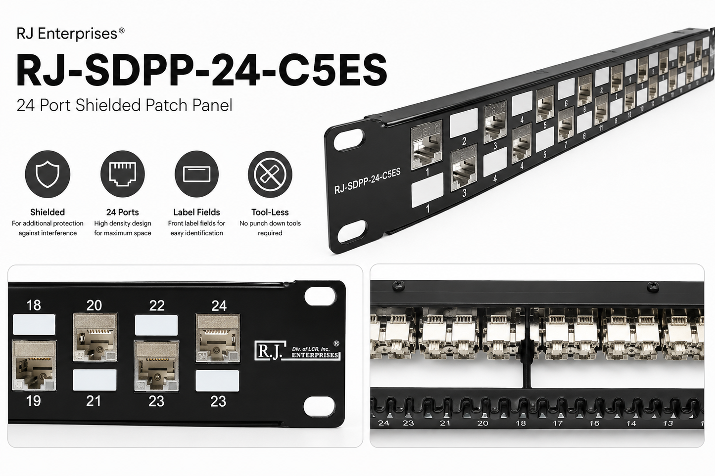 R.J. Enterprises® - SDPP-24-C5ES - Shielded Patch Panel, 24 Port, 1U, Cat5E