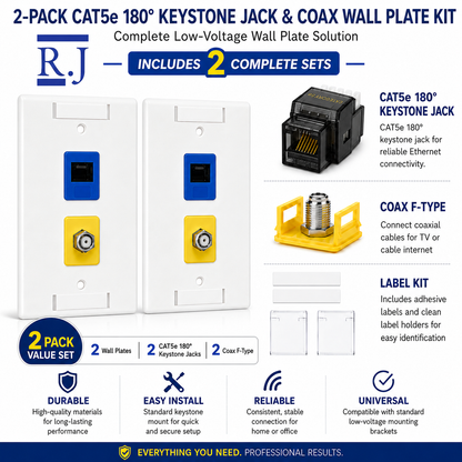 RJ45 Keystone Jack + Coax Wall Plate Bundle - Cat5e 180° Black Ethernet + F-Type | RJ-EC-08