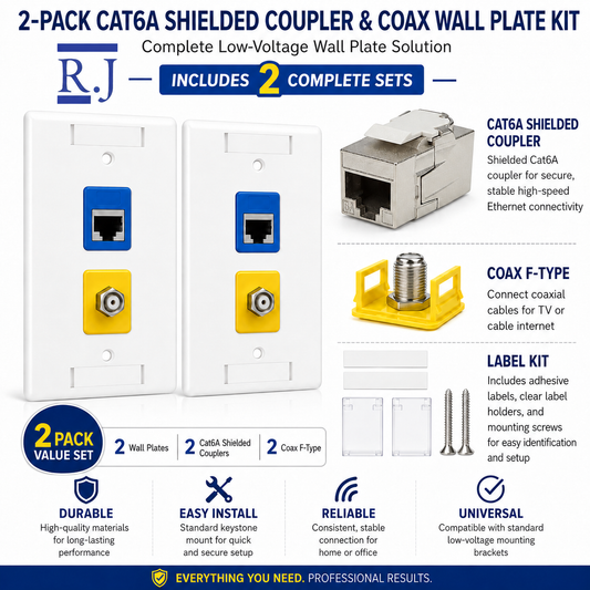 RJ45 Coupler + Coax Wall Plate Bundle - Cat6A Shielded Ethernet + F-Type | RJ-EC-03