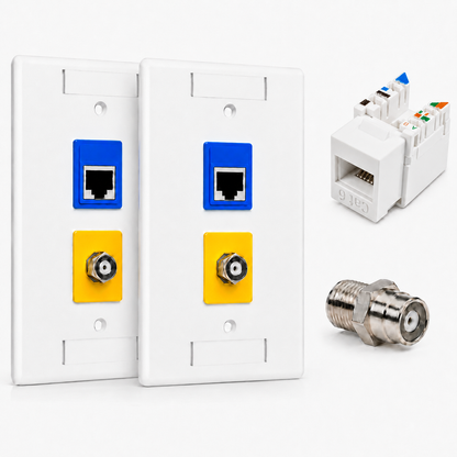 RJ45 Keystone Jack + Coax Wall Plate Bundle - Cat6 White Ethernet + F-Type | RJ-EC-30