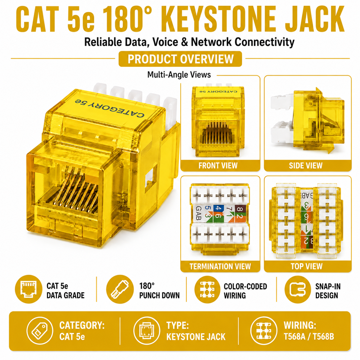 R.J. Enterprises - Cat5e Keystone Jack, 180-degree, Yellow (25 Pcs) - R.J. Enterprises
