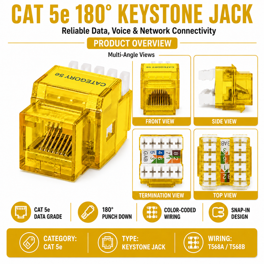 R.J. Enterprises - Cat5e Keystone Jack, 180-degree, Yellow (25 Pcs)