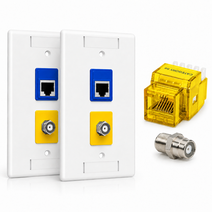 RJ45 Keystone Jack + Coax Wall Plate Bundle - Cat5e 180° Yellow Ethernet + F-Type | RJ-EC-14