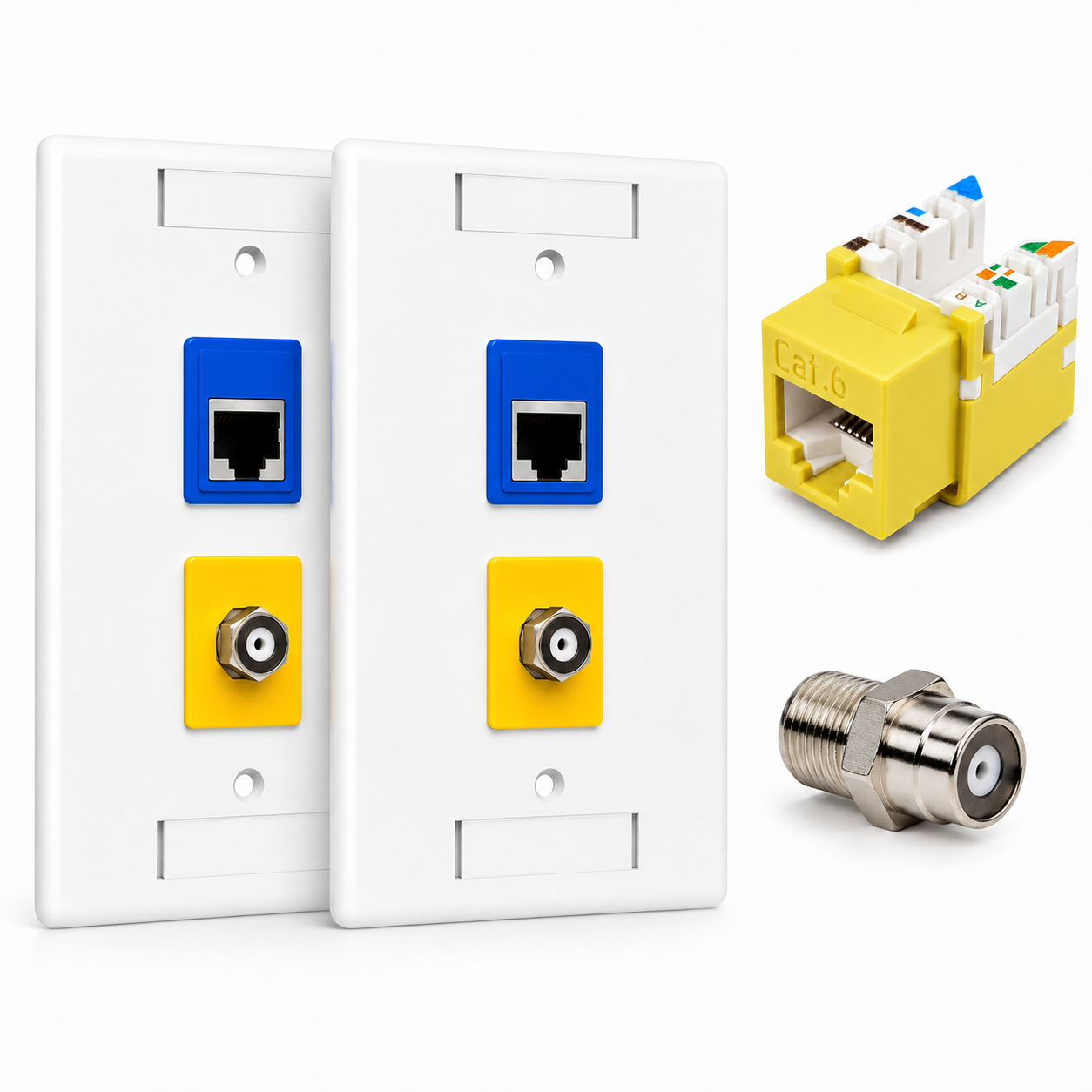 RJ45 Keystone Jack + Coax Wall Plate Bundle - Cat6 Yellow Ethernet + F-Type | RJ-EC-31