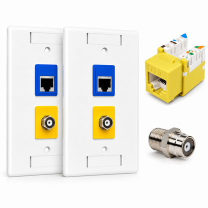 RJ45 Keystone Jack + Coax Wall Plate Bundle - Cat6 Yellow Ethernet + F-Type | RJ-EC-31